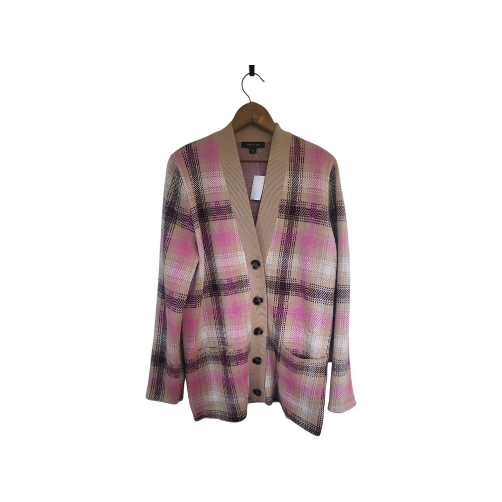 NWT Ann Taylor Preppy Tan & Pink Boyfriend Cardigan Sweater Sz L - Picture 10 of 12